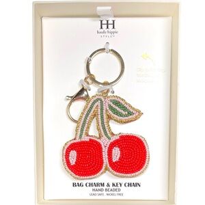 NIB Haute Hippie Cherry Hand Beaded Bag Charm & Key Chain.